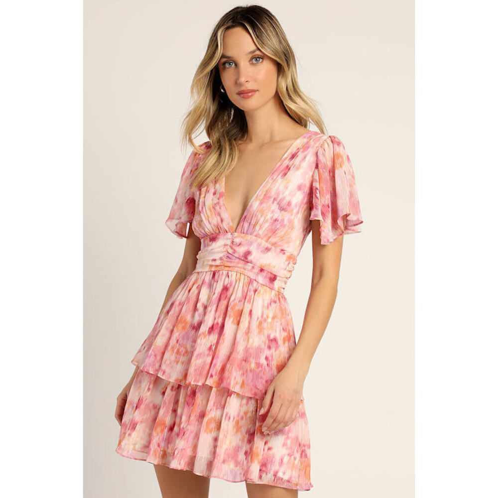Lulus Sunny Evenings Pink Multi Lurex Flutter Sleeve Mini Dress - Size S